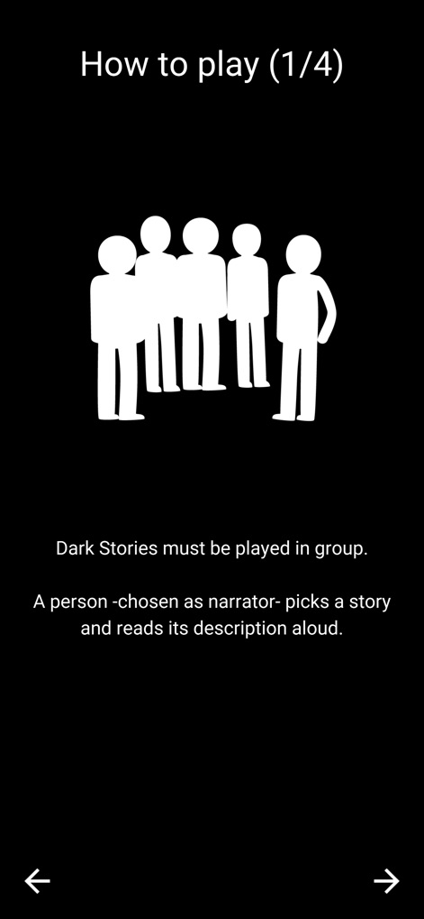 Dark Stories - La schermata "How to play (1/4)" offre istruzioni chiare, e l'icona del gruppo di persone sottolinea immediatamente che il gioco è pensato per essere condiviso in compagnia.