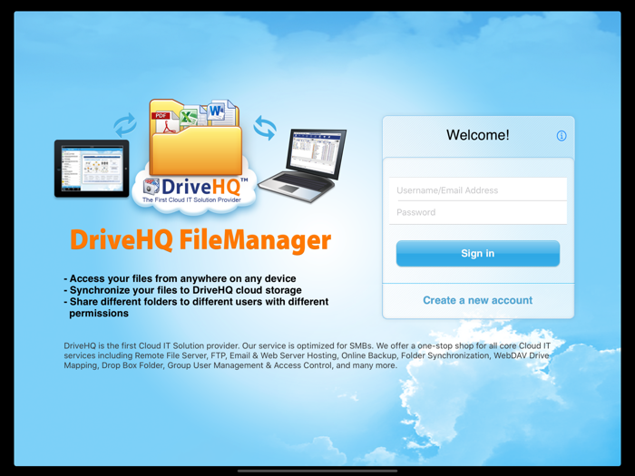DriveHQ FileManager for tablet