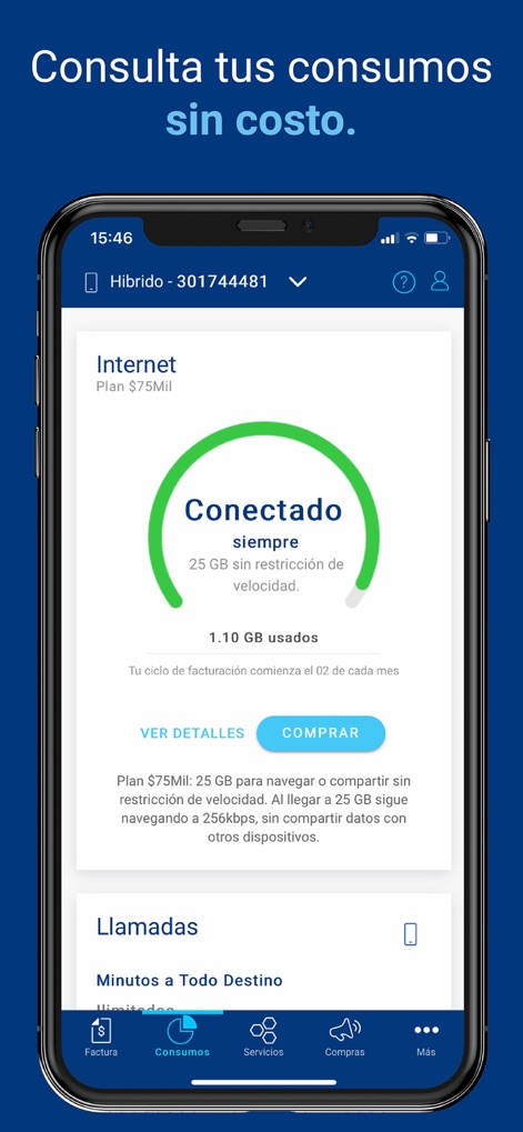 Mi Tigo - Colombia - Los usuarios pueden visualizar su consumo de datos mediante un gráfico circular y consultar los detalles de sus minutos de llamadas disponibles.