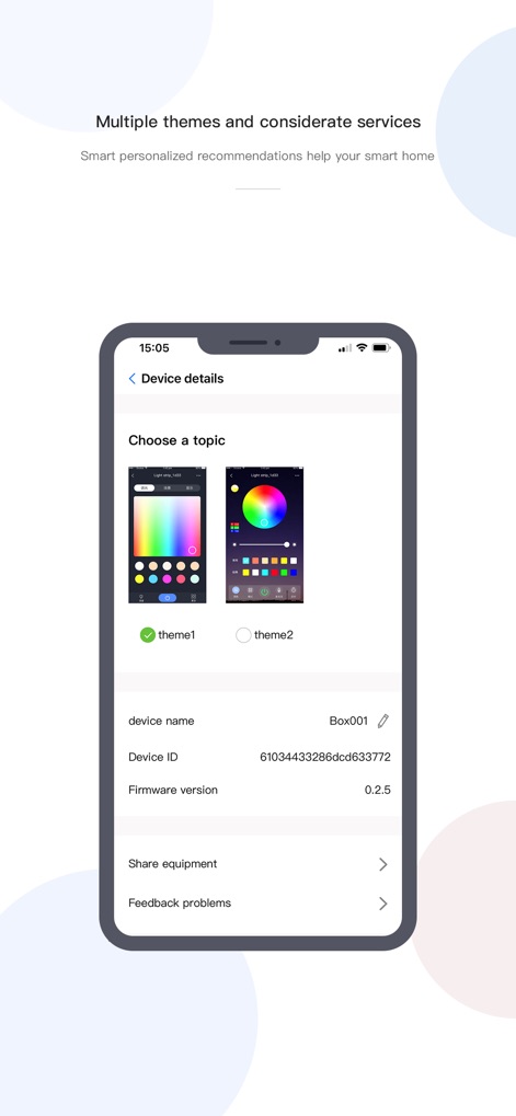 CozyLife Smart - L'applicazione offre versatilità estetica con la possibilità di scegliere tra diversi “theme” per l'interfaccia di controllo, oltre a fornire dettagli essenziali del dispositivo e l'opzione di “Share equipment” con altri utenti.