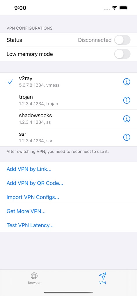 Fair VPN - Users can precisely manage their connections, choosing from a range of advanced protocols like v2ray and trojan, and easily add configurations via link or QR code.
