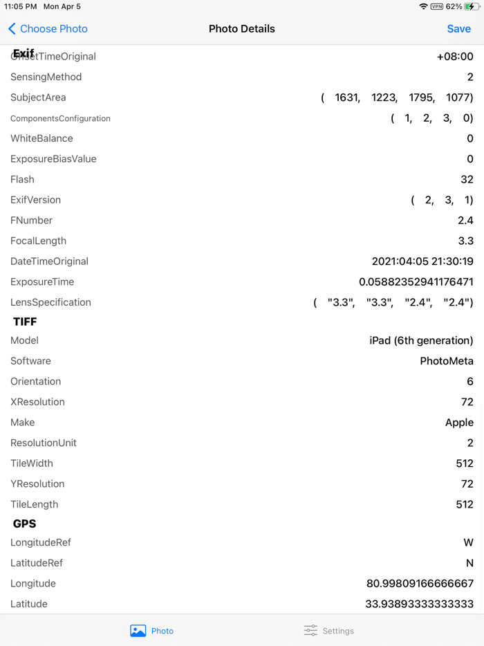 Photo Exif metadata View Exif