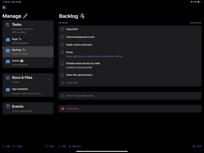 Manage Tasks Docs and Events