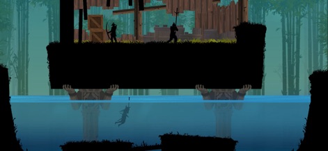 Ninja Arashi 2 - Le jeu présente des décors variés avec une immersion aquatique offrant une réflexion détaillée, et des ennemis en hauteur, montrant la richesse des environnements et les possibilités tactiques.