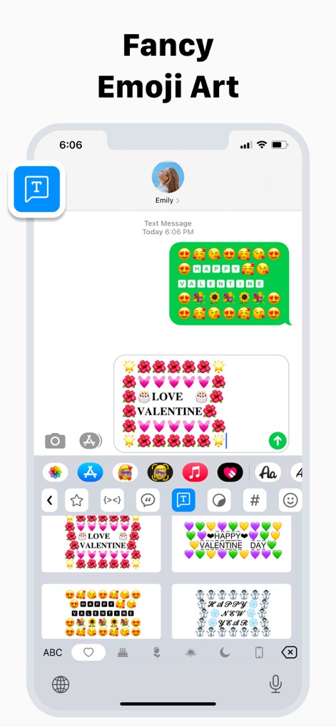 Keyboard Fonts & Emoji Maker - A captura destaca a funcionalidade de Emoji Art, permitindo criações expressivas em mensagens, e uma pré-visualização de designs de arte de emoji prontos para uso.