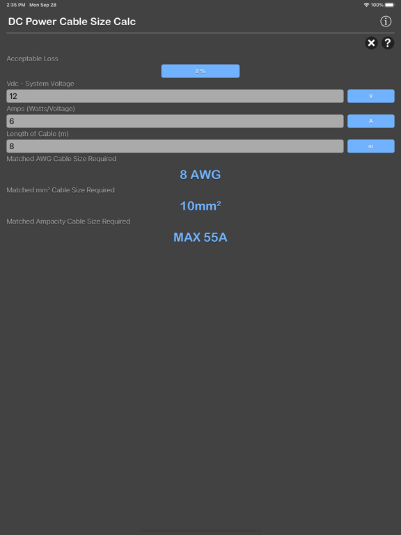 DC Power Cable Size Calc iPad app afbeelding 1