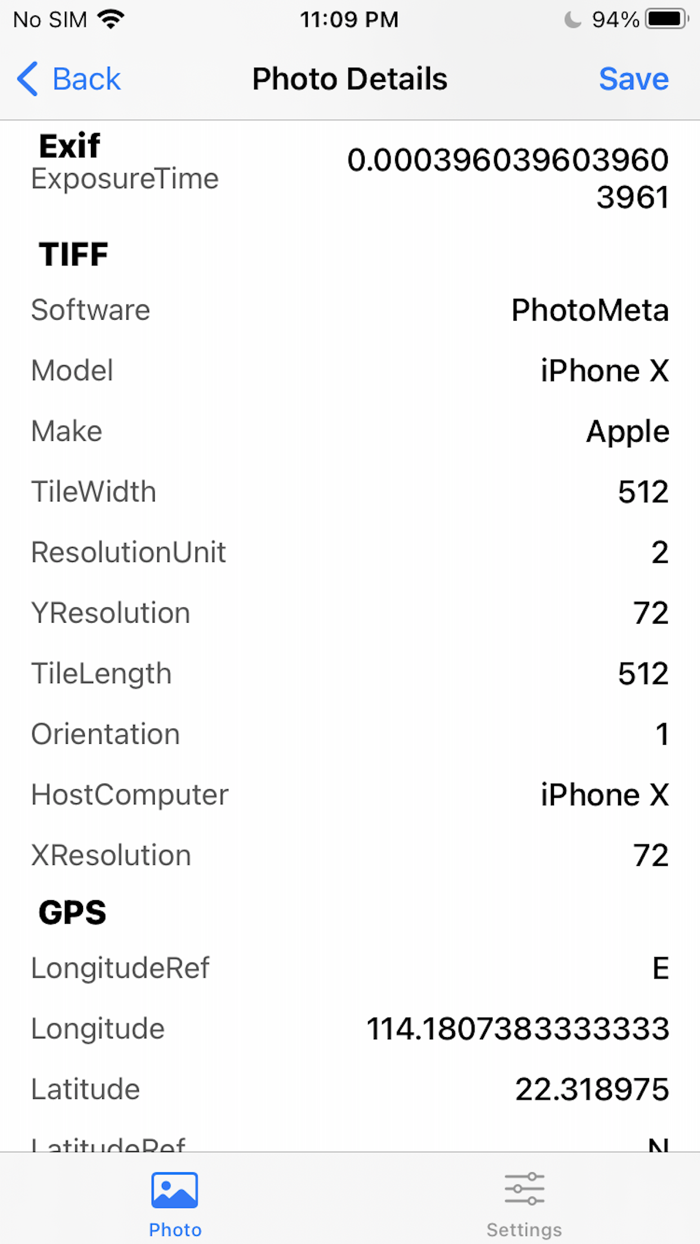 Photo Exif metadata View Exif