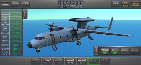 Turboprop Flight Simulator - El avión de alerta temprana E-42, inspirado en modelos reales, se exhibe con su distintivo radar, mostrando la ficha de estadísticas de rendimiento y opciones de personalización.