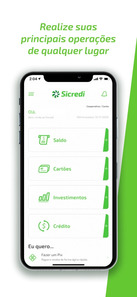 Sicredi para smartphone - The main dashboard provides a clear, categorized overview of financial categories such as 'Balance' and 'Investments', complemented by a quick action shortcut for 'Making a Pix'.