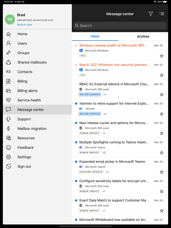 Microsoft 365 Admin iPad app afbeelding 4