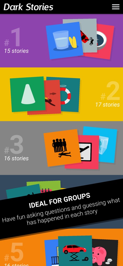 Dark Stories - L'app offre diverse categorie di storie numerate, garantendo varietà di misteri, e il banner "IDEAL FOR GROUPS" evidenzia la natura collaborativa del gioco.