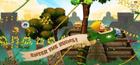 Benji Bananas: Run, Jump, Win - Discover exotic new zones as Benji flies over ancient temple ruins using a power-up, gathering valuable bananas and shimmering stars amidst the historical backdrop.