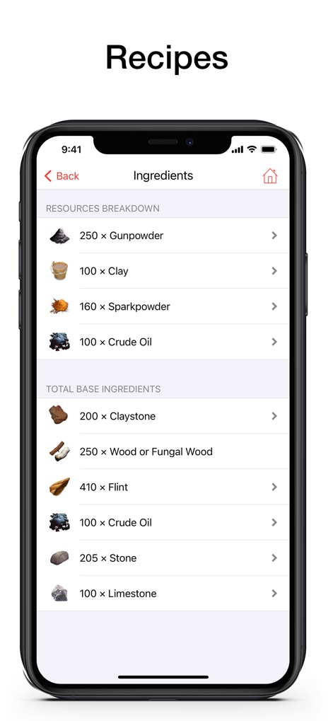 PW for ARK: Survival Evolved - 이 앱은 필요한 자원의 목록과 총 기본 재료 항목을 명확하게 보여주어 제작에 필요한 재료를 쉽게 확인할 수 있습니다.
