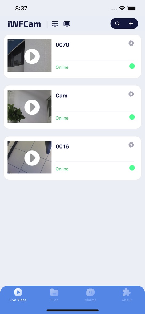 iWFCam - Users can easily oversee multiple camera feeds with clear online status indicators and immediate access to live video.