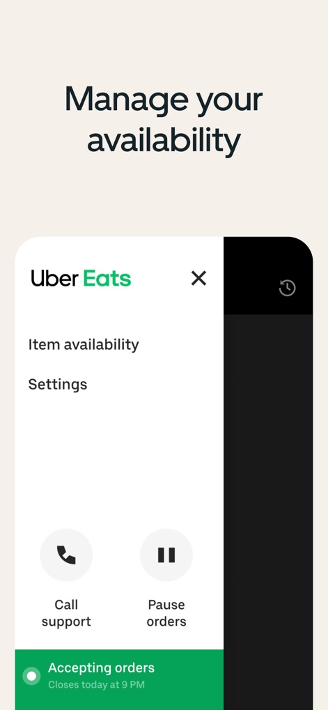 Uber Eats Orders - Esta herramienta proporciona a los negocios un control total sobre su operación, permitiendo gestionar la 'Item availability' y pausar órdenes con la opción 'Pause orders', adaptándose a las necesidades del momento.