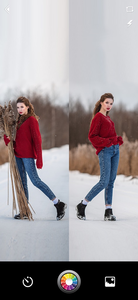 Split Camera - Mirror Pic Crop - A imagem ilustra como o aplicativo utiliza um layout de divisão vertical para apresentar múltiplas perspectivas, enquanto os controles inferiores sugerem a aplicação de variados efeitos de filtro para personalizar a estética da fotografia.