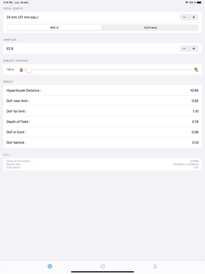 DOF Calculator for ILC Sony