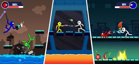 Stickman Battle Fight Game - See how the app features dynamic combat with characters using ranged weapons while navigating hazardous environmental elements like water.