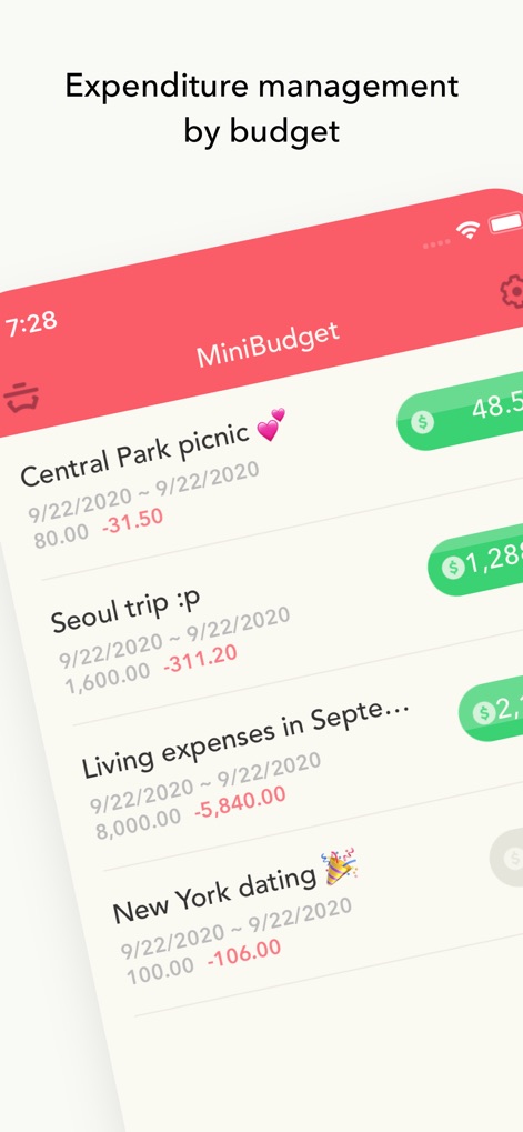 Minibudget Pro - L'application offre une vue d'ensemble limpide des dépenses, permettant de suivre les budgets dédiés aux événements (comme le 'Central Park picnic') et de visualiser clairement les soldes restants pour chaque projet.