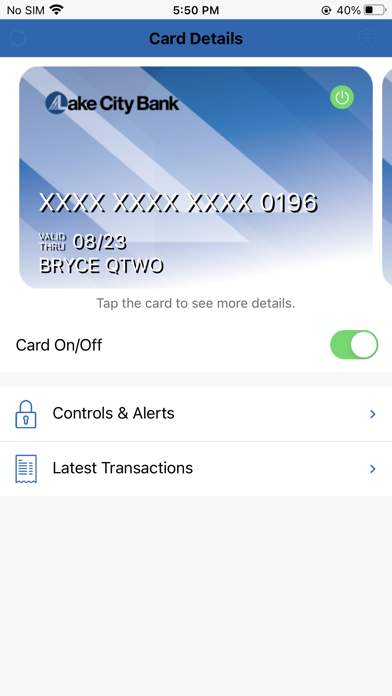 Lake City Bank Card Controls Screenshot