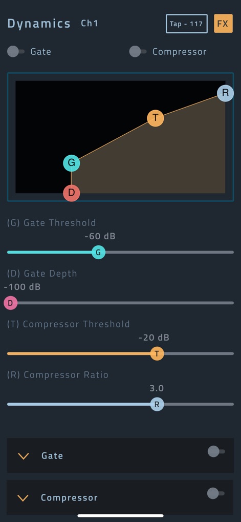 JBL Pro Connect - This tool provides granular command over audio dynamics, showcasing the interactive Gate and Compressor graph alongside precise individual parameter sliders.