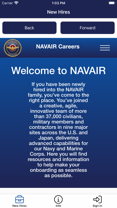 NAVAIR Onboarding App Screenshot
