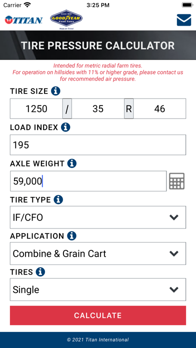 Tire Pressure Calculator Screenshot