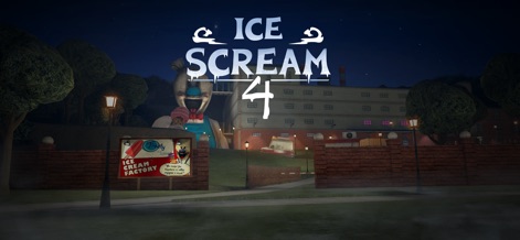 Ice Scream 4: Rods Factory - 本作のタイトル画面では、不気味な「ICE SCREAM 4」のロゴが闇夜に浮かび上がり、その背後には巨大なロッドの顔と謎めいた工場が描かれ、プレイヤーを新たな恐怖の世界へと誘います。