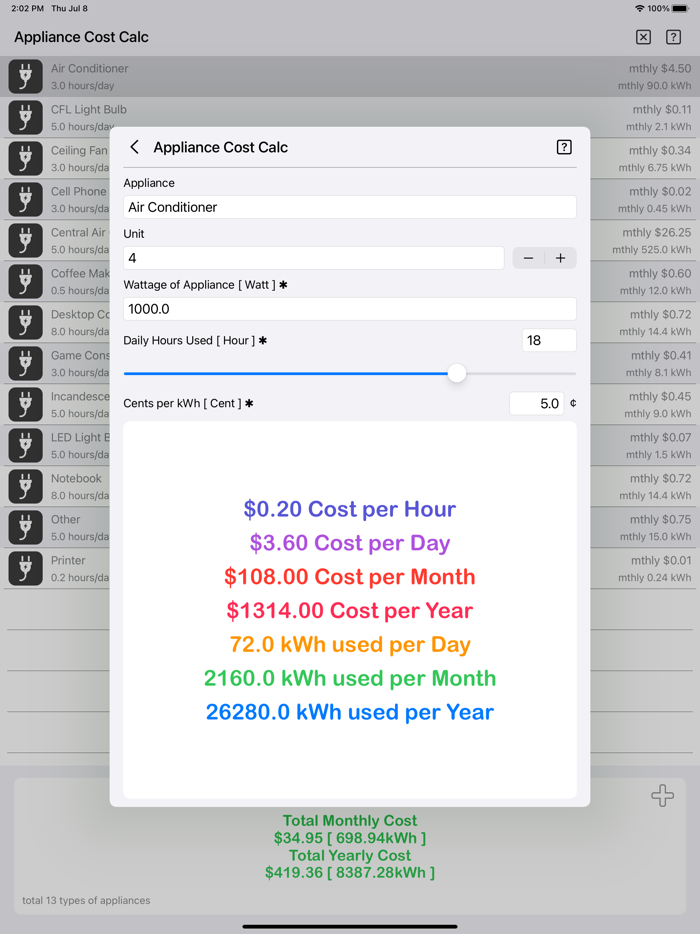 Appliance Cost Calculator Plus