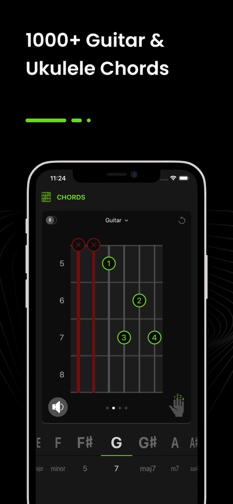 Guitar Tuner - GuitarTunio - Access a rich chord library featuring detailed fretboard diagrams and easy selection of specific chord variations.