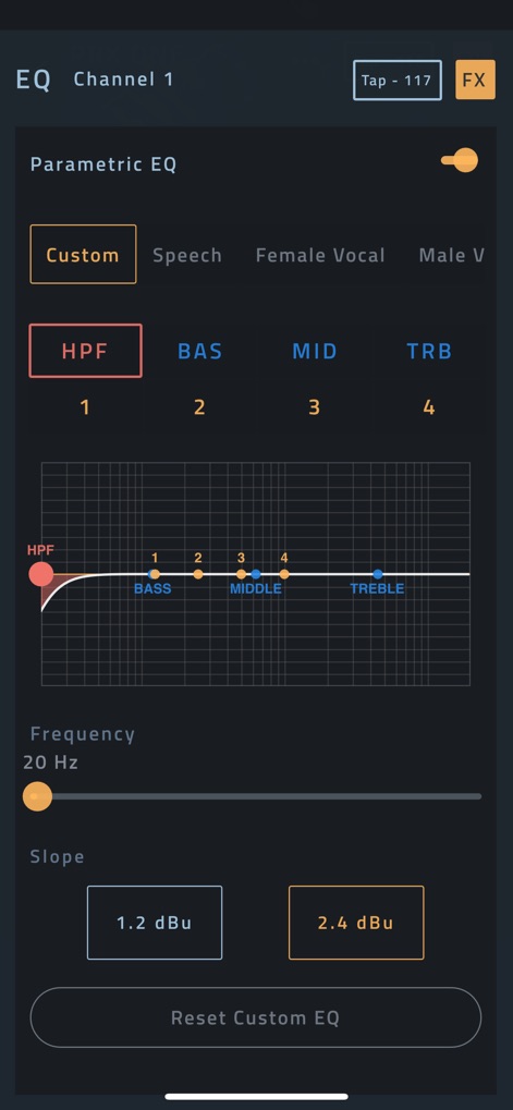 JBL Pro Connect - The app empowers precise sound sculpting with a powerful Parametric EQ graph, enabling fine-tuned adjustments via dedicated frequency and slope controls for each band.
