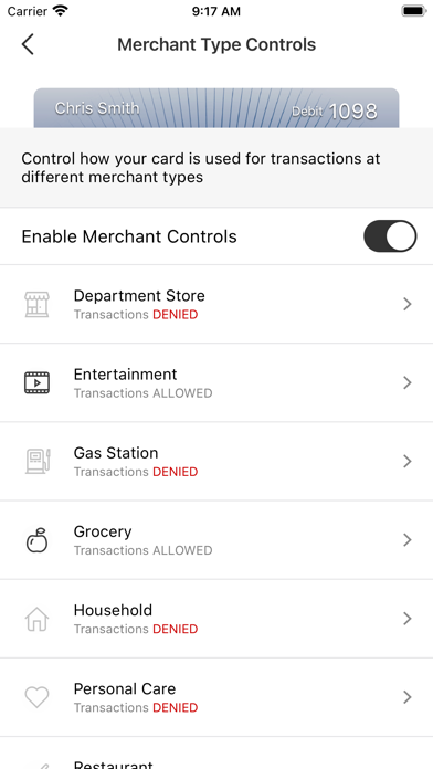 TCTFCU Card Controls Screenshot