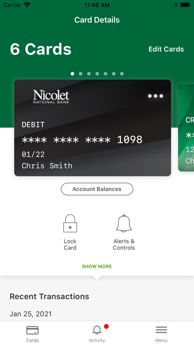 Nicolet Bank Card Control Screenshot
