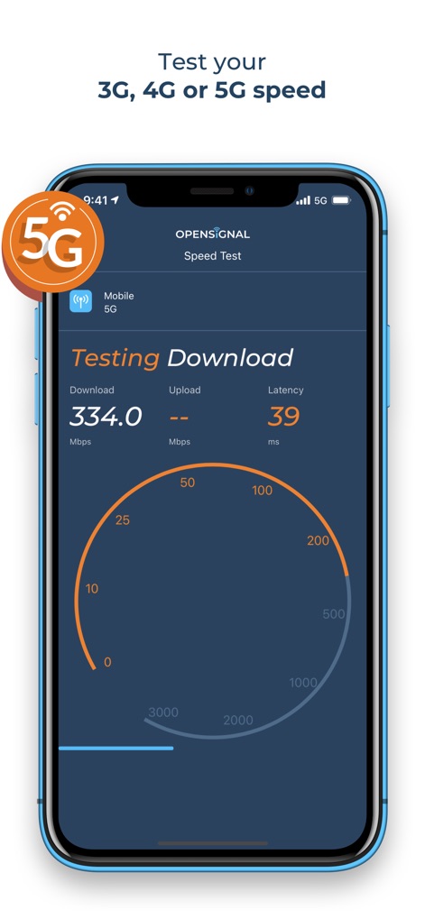 Opensignal Speed Test Ad Free - Die App führt einen Echtzeit-Geschwindigkeitstest durch, der beeindruckende Download-Werte von 334.0 Mbps und eine geringe Latenz von 39 ms direkt anzeigt, um die Netzwerk-Performance zu verdeutlichen.