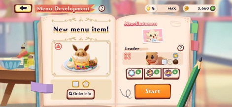 Pokémon Café ReMix - Esta interfaz detalla la creación de un nuevo plato protagonizado por Eevee en forma de pastel, y muestra a un nuevo cliente potencial en la sección derecha de la pantalla.