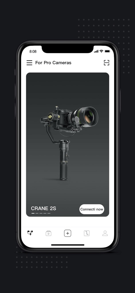 ZY Play - Die App zeigt eine detaillierte Ansicht des CRANE 2S Gimbals und bietet mit dem prominenten "Connect now" Button eine direkte Möglichkeit zur Kopplung.