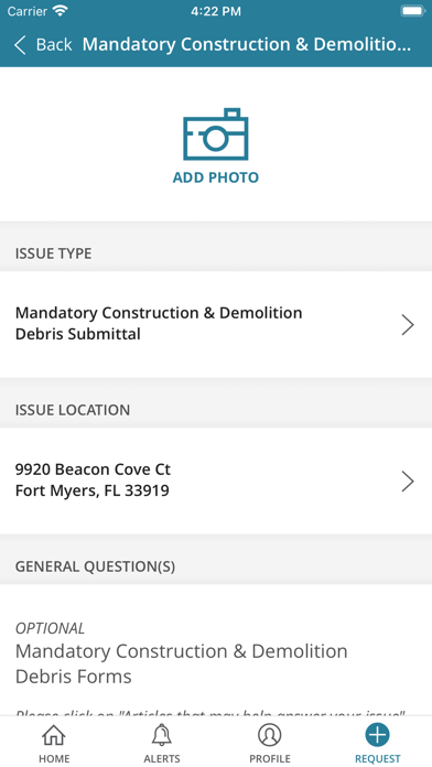 Lee County Request for Action Screenshot