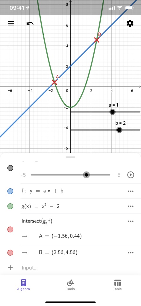 GeoGebra Calculator Suite - La aplicación permite el análisis interactivo de funciones, mostrando dos gráficas (g(x) = x^2 - 2 y una línea con sliders) y sus puntos de intersección 'A' y 'B'.