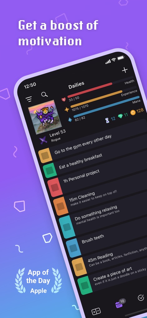 Habitica: Gamified Taskmanager - Die App zeigt den aktuellen Fortschritt des Nutzers in Form eines Pixel-Art-Avatars und farbkodierter Aufgaben, die tägliche Ziele abbilden.