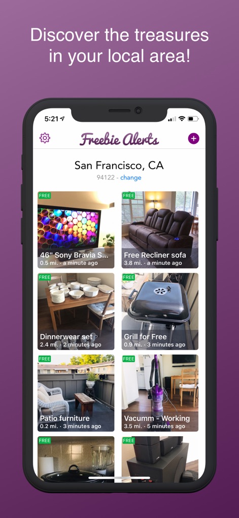 Freebie Alerts: Free Stuff App - This tool showcases a rich item feed with images of available freebies, clearly displaying their proximity and location.