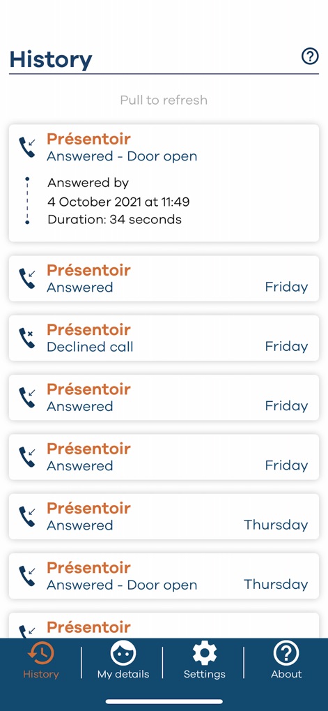 My Intratone - Users can effortlessly review their comprehensive call history, detailing answered, declined, and door-open events with timestamps.