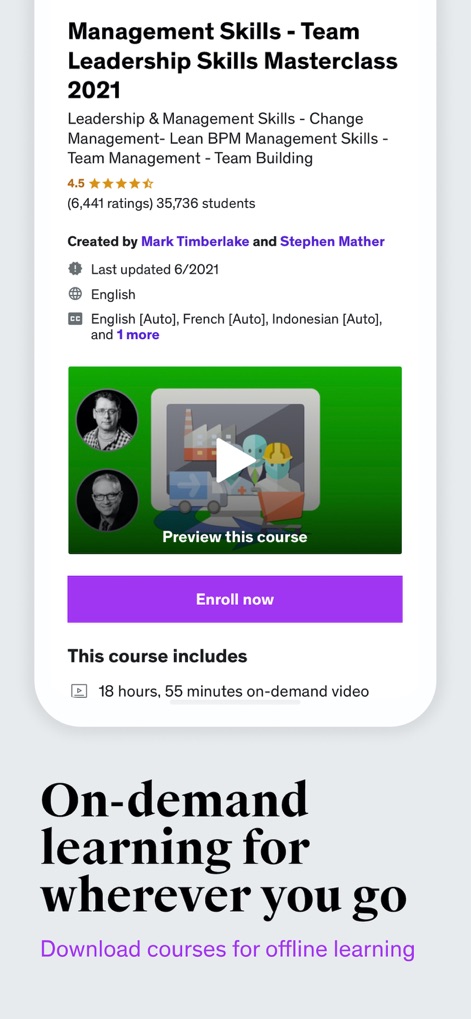 Udemy Business - ユーザーはコース詳細ページで、コースの概要、評価、受講者数などの詳細な情報と、内容を事前に確認できるプレビュー動画や受講登録オプションを利用できます。