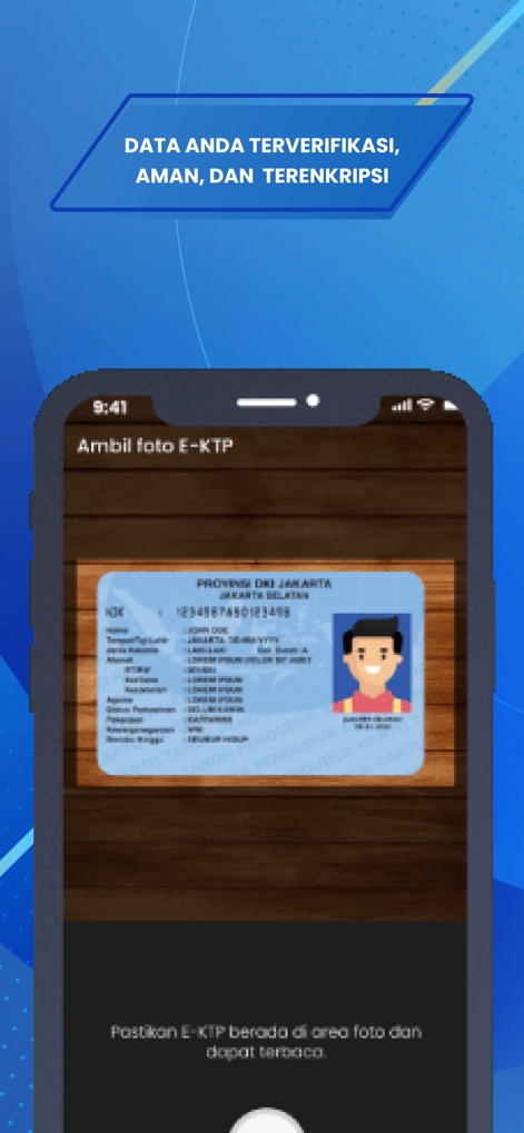 SIGNAL–SAMSAT DIGITAL NASIONAL - Witness the secure user verification process, highlighted by the E-KTP photo capture interface and the clear assurance that user data is verified, safe, and encrypted.