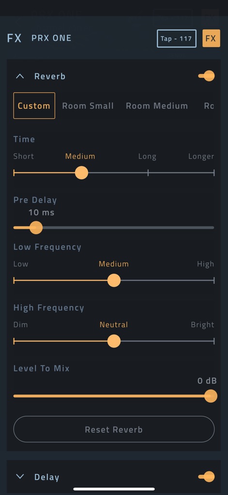 JBL Pro Connect - Achieve professional audio polish with detailed reverb settings, featuring a selection of preset environments like 'Room Small' and 'Room Medium,' alongside precise frequency adjustment sliders.