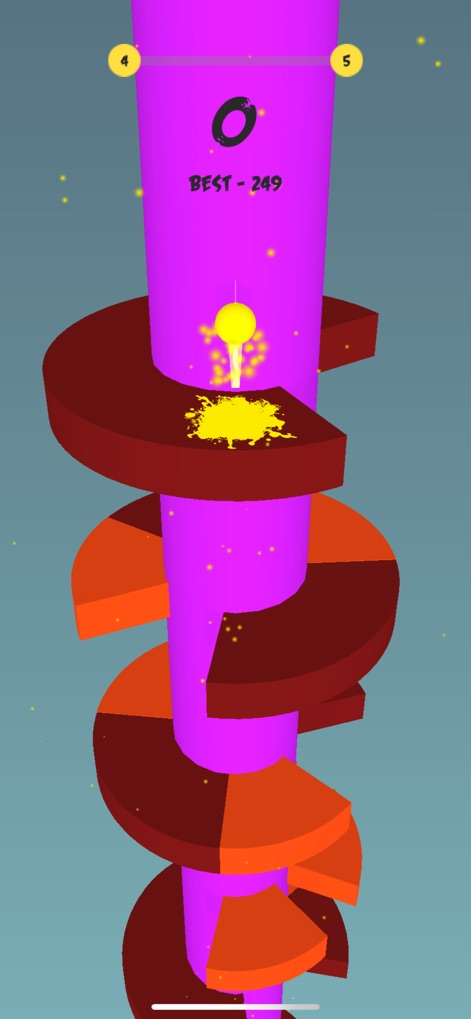 Helix Jump Ball - Jump Ball 3D - A imagem mostra uma bola amarela brilhante em ação, navegando por plataformas de cor vermelha escura e laranja para um impacto visual energético e emocionante.