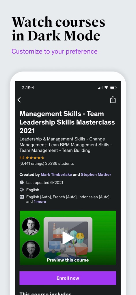Udemy Business - このアプリは、ユーザーの好みに合わせて視認性を高めるダークモード表示を提供し、長時間学習でも目に優しいUIデザインで集中力を維持できるようサポートします。