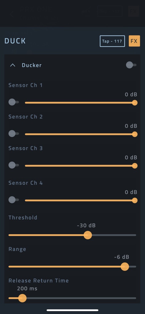 JBL Pro Connect - The app offers intelligent ducking capabilities, clearly presenting the master Ducker toggle and individual sensor channel controls for seamless audio prioritization.