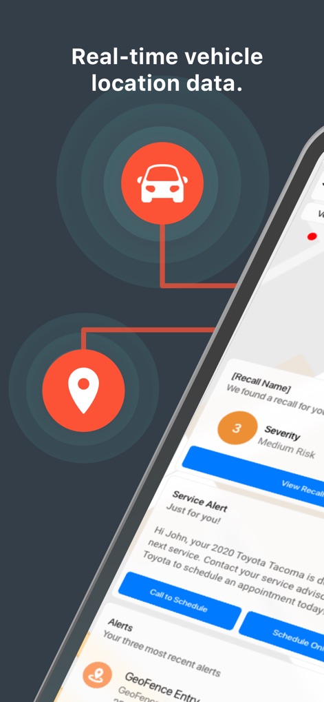 LoJack - Discover how the app visualizes real-time vehicle location data with a dynamic car icon and keeps users informed with critical service and recall alerts.