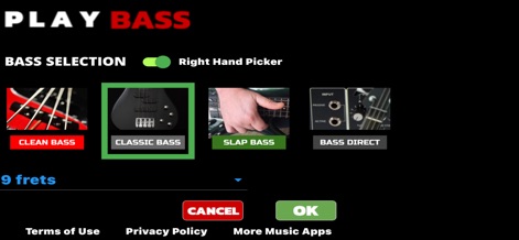 Play Bass: Real Bass Simulator - Os usuários podem explorar diversas opções de baixo, como 'CLASSIC BASS' e 'SLAP BASS', e ajustar configurações como o 'Right Hand Picker' para personalizar a experiência de toque.
