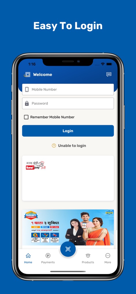 Jyoti Mobile Banking - L'app offre un punto di ingresso intuitivo, con campi dedicati per il "Mobile Number" e la "Password", e assicura la fiducia grazie all'integrazione con il network "Fonepay".